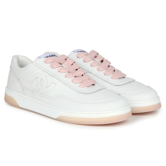 Chanel 24P White Pink Leather CC Logo Flat Lace Up Runner Trainer Sneaker 40 - Picture 1 of 15